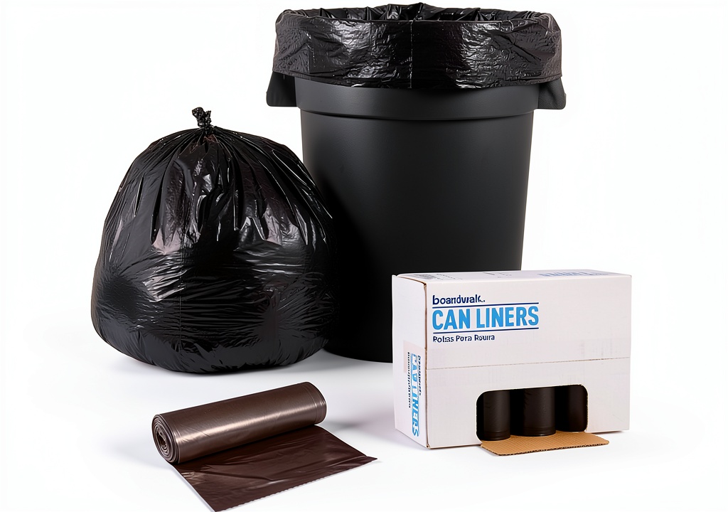 Boardwalk 45-gallon trash bag in use with waste bin