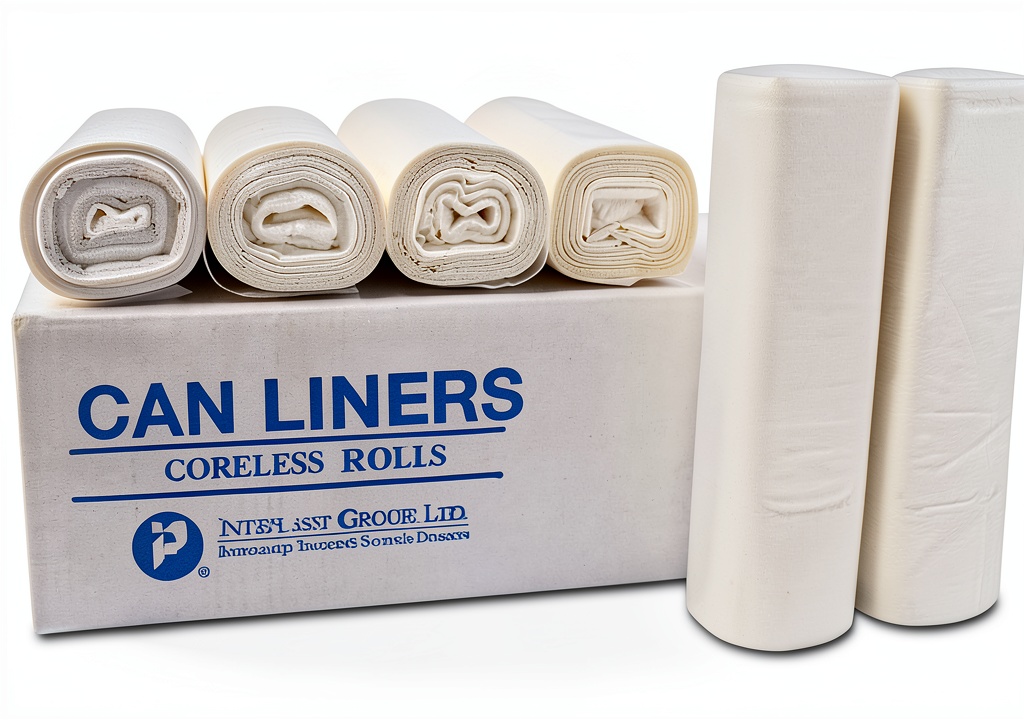 Inteplast 7-gallon natural HDPE trash bags stacked in packaging
